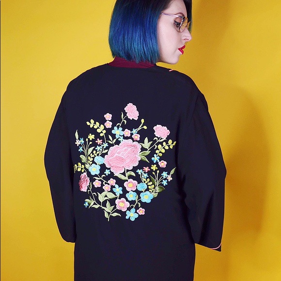 Jackets & Blazers - Black Sheer Floral Kimono Jacket Jackets & Blazers - Black Sheer Floral Kimono Jacket